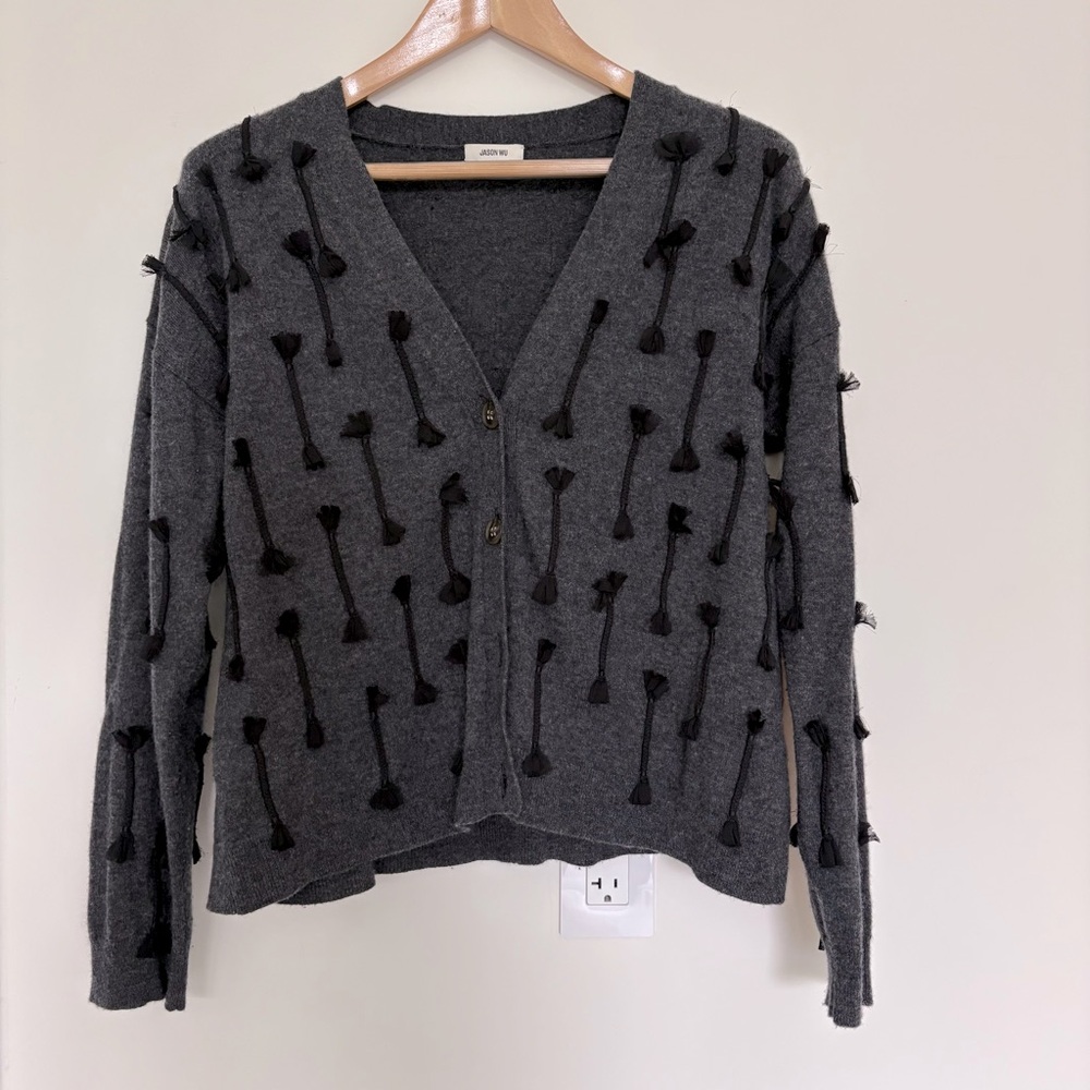 🧶 Jason Wu Wool Cardigan – Gray Mélange with Black Tassel Detail